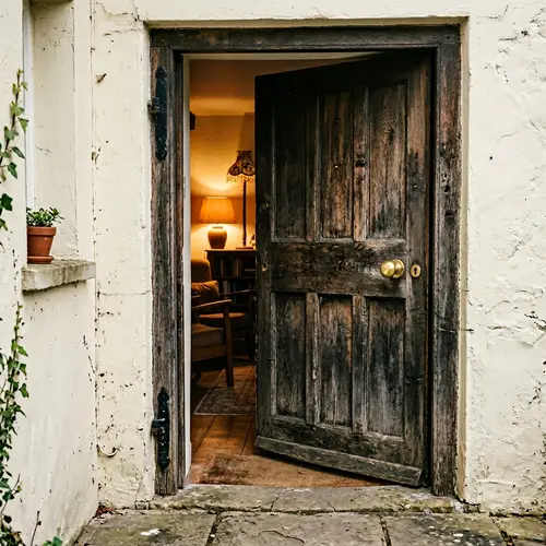 Tranquil Scene: Wooden House Door Ajar Revealing Warmly Lit Room
