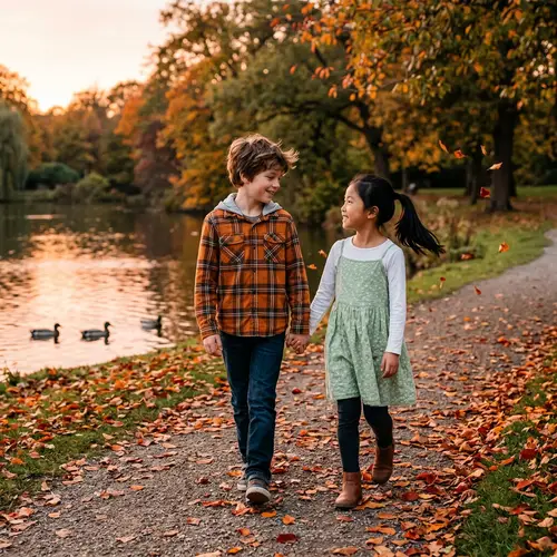 Innocent Young Love in Autumn Park | Joyful Couple Walking Hand in Hand