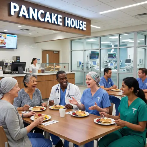 Diverse Cancer Patients & Medical Staff at Pancake House | Modern Hospital Setting