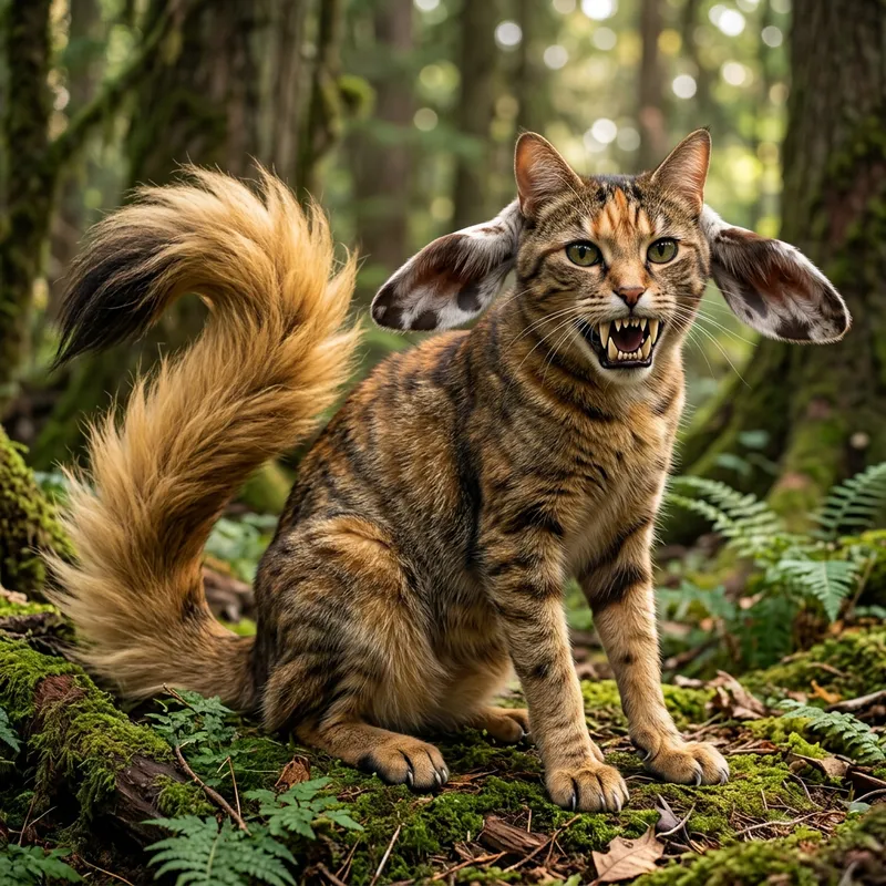 Mythical Hybrid: Cat with Dogs' Legs, Lion Tail, Cow Ears, Dinosaur Teeth