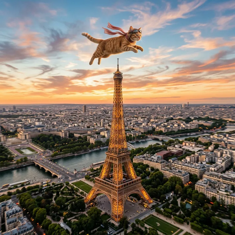 Cat Flying Over the Eiffel Tower - A Whimsical View