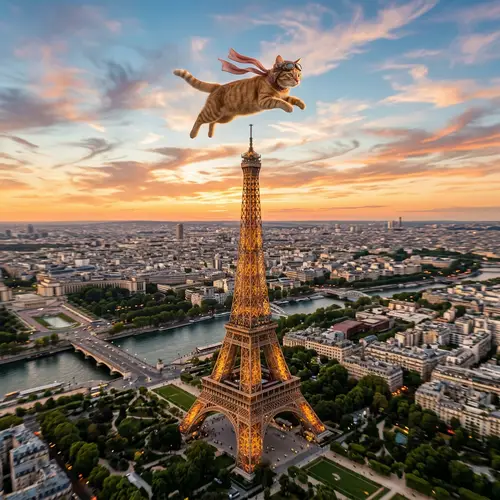 Cat Flying Over the Eiffel Tower - A Whimsical View