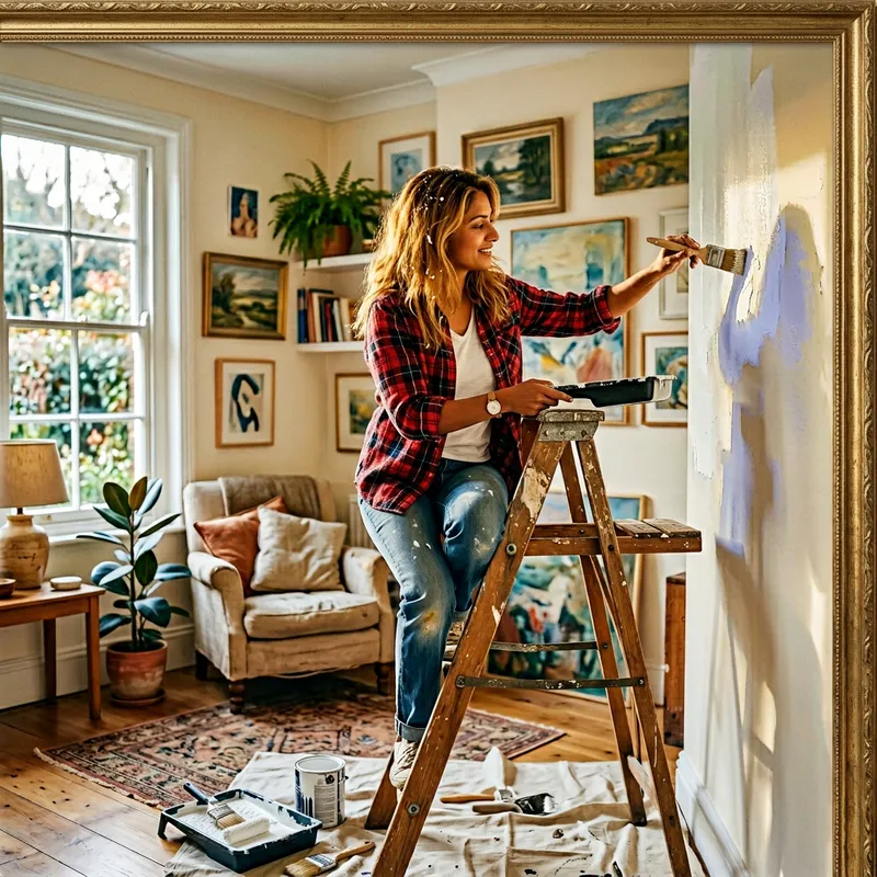 Blond Woman Painting Living Room Wall - Ethereal Tranquility