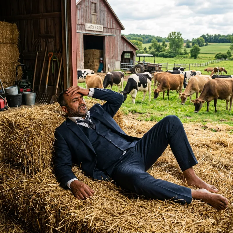 Disgusted Businessman Covered in Cow Manure at Dairy Farm