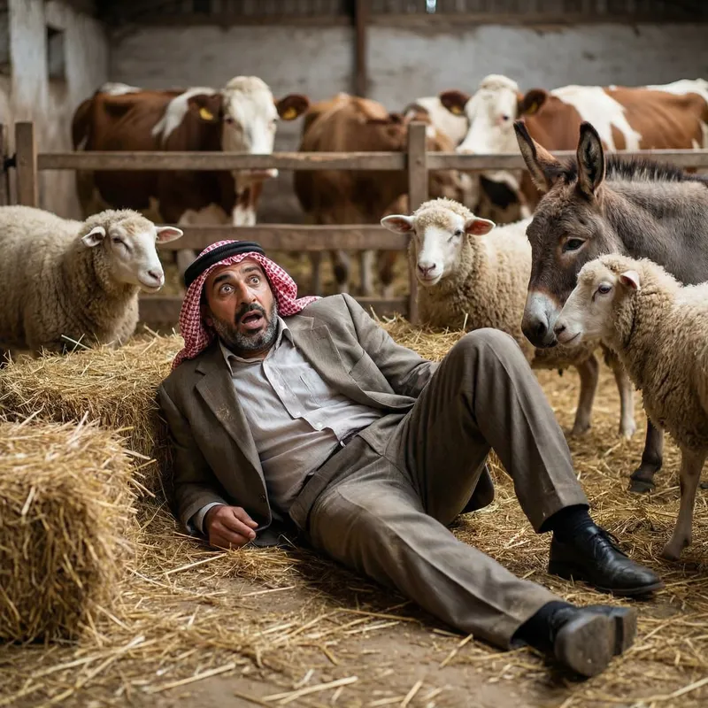 Middle-Eastern Businessman in Cow Manure with Disgusted Expression and Cows