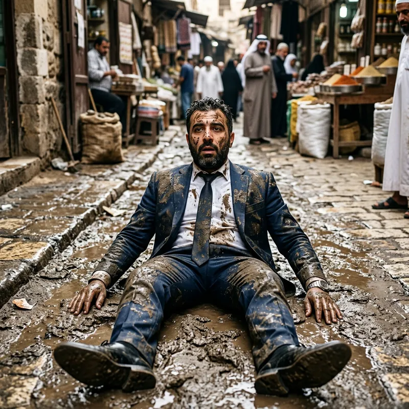 Middle-Eastern Businessman Covered in Thick Mud: Image Analysis Middle-Eastern Businessman Covered in Thick Mud: Image Analysis