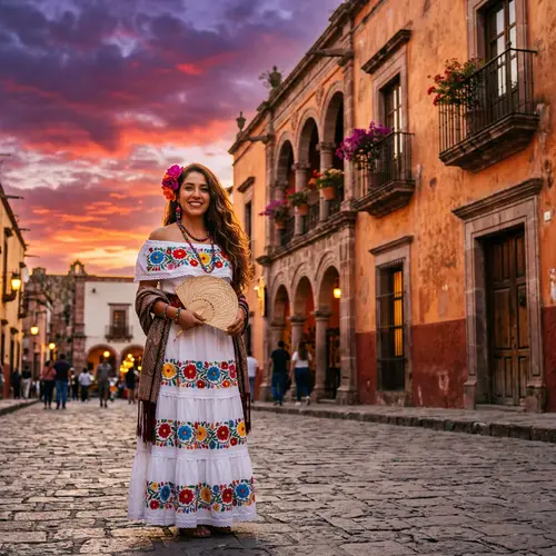 Mexican Woman in Traditional Dress at Sunset - Colorful Image