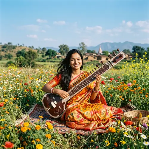 Radiant South Asian Woman Playing Sitar in Flower Field