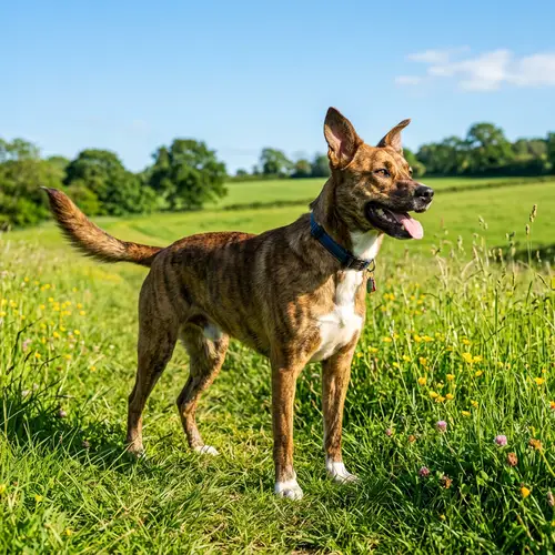 Energetic Mixed Breed Dog in Lush Green Field
