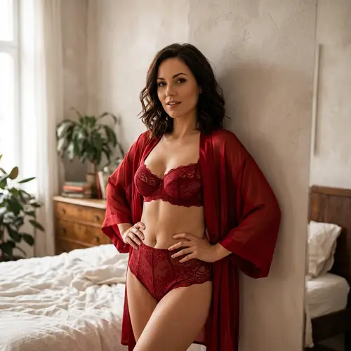 Elegant Red Lingerie: Confident Brunette Woman