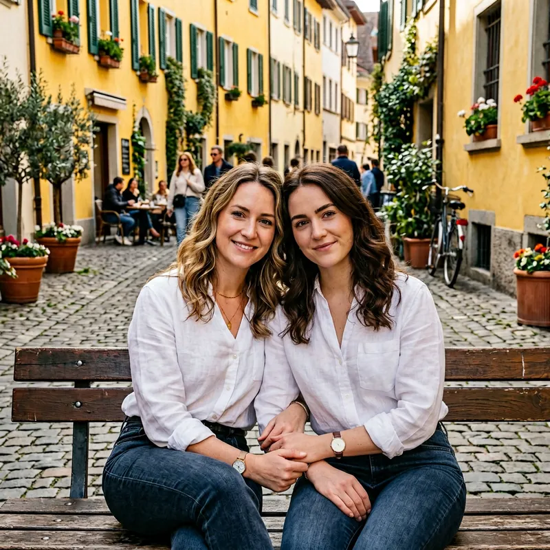 Elegant Mother-Daughter Portrait in a European Street