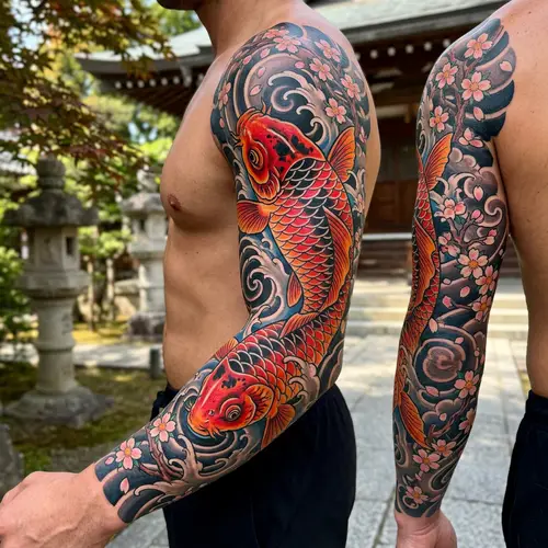 Vibrant Koi Fish Arm Tattoo Design