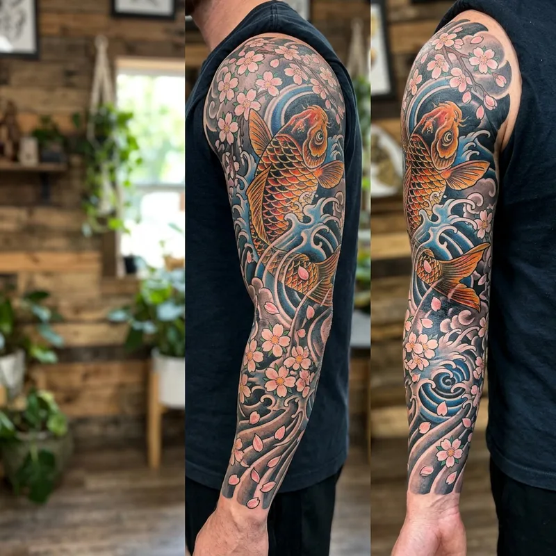 Intricately Designed Koi Fish and Sakura Arm Tattoo