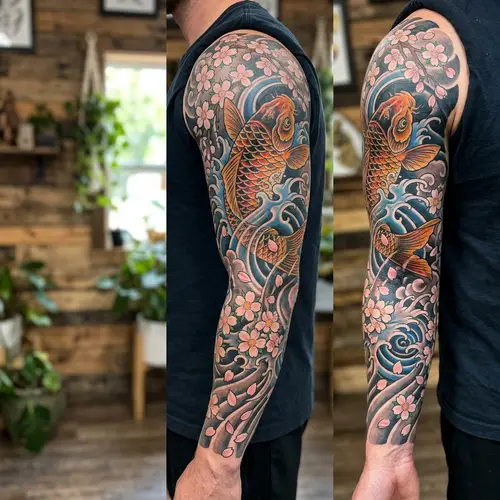 Vibrant Koi Fish and Sakura Arm Tattoo Design