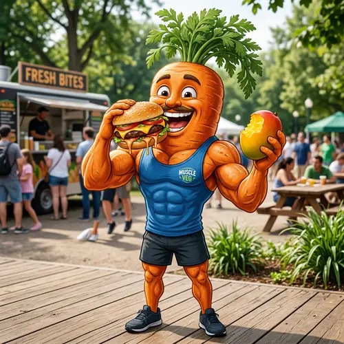 Funny Carrot Man Eating Burger and Mango