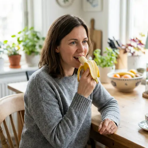 Brunette Woman Eating Banana in Casual Setting
