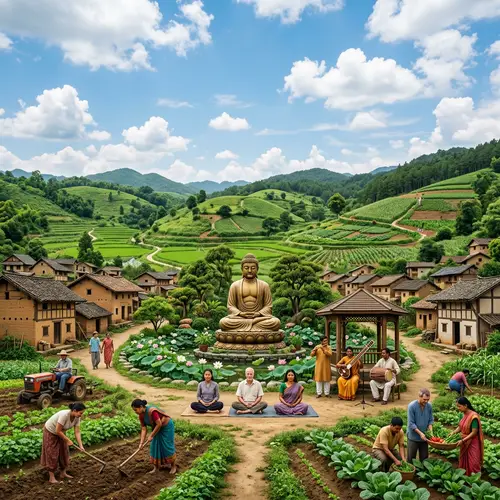 Tranquil Farming Village with Buddha Statue and Diverse Villagers