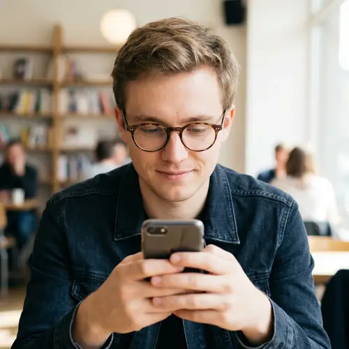 Young Man Engrossed in Reading on Smartphone