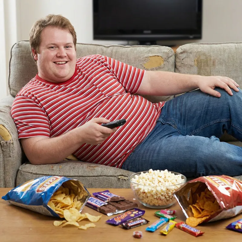 The Fattest Man in the World: Overweight Man Surrounded by Snacks