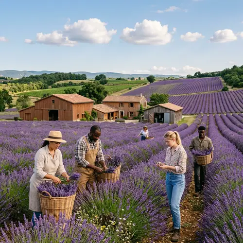 Tranquil Lavender Farm: Vibrant Fields & Diverse Farmers