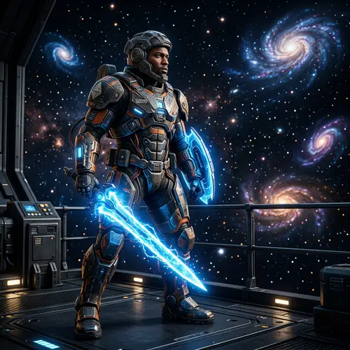 Futuristic Knight in High-Tech Armor with Energy Weapon