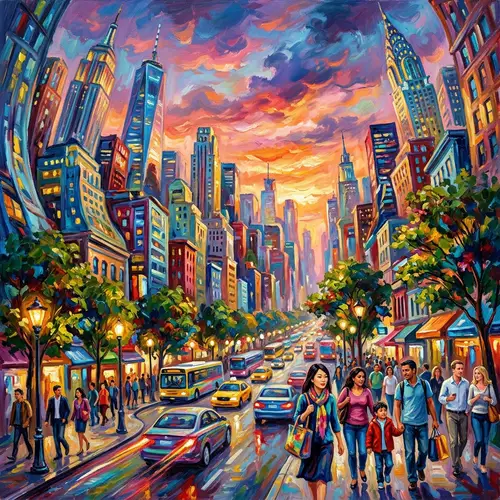 Vibrant Cityscape at Sunset | Abstract Skyscrapers & Diversity