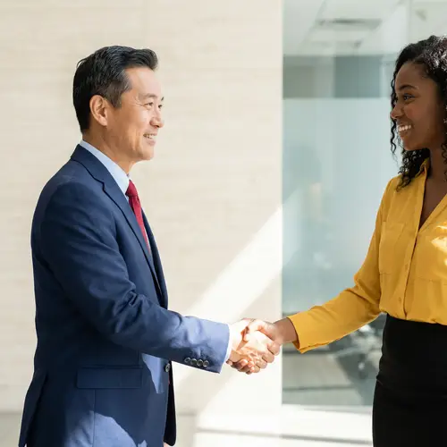 Professional Handshake: Asian Man and Black Woman Cooperation