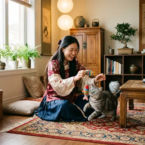 Chinese Girl Playing with American Shorthair Cat