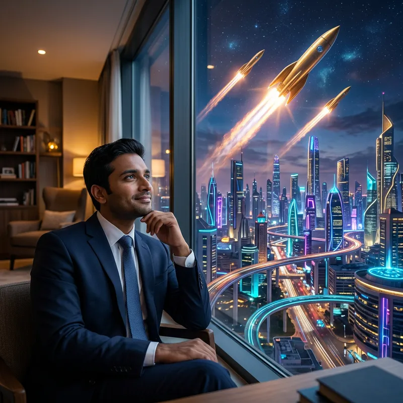 Futuristic Cityscape Dream | Towering Rockets in Vibrant Colors