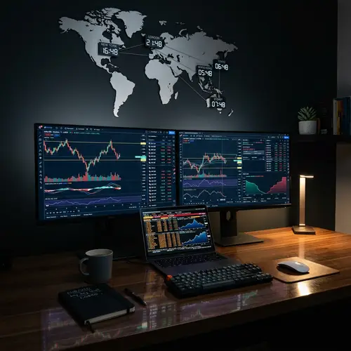 Minimalist Forex Trading Scene - Neat Desk Setup with Real-time Charts