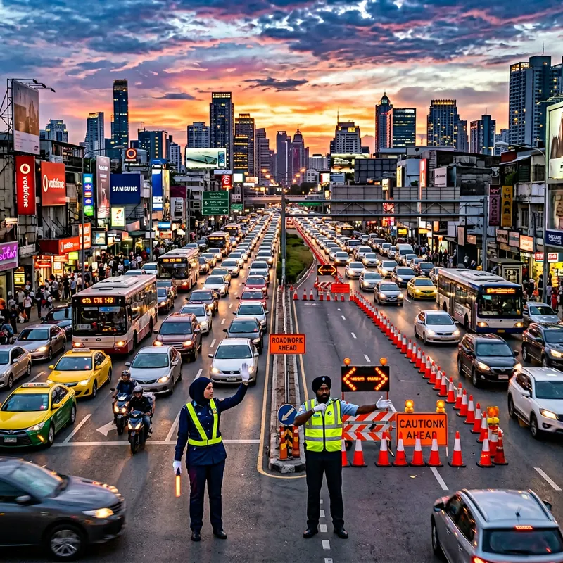 Traffic Jam with Traffic Officers, City Scene Traffic Jam with Traffic Officers, City Scene