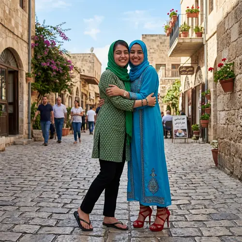 Iranian and Arab Girls in Hijabs Embracing on Cobblestone Street