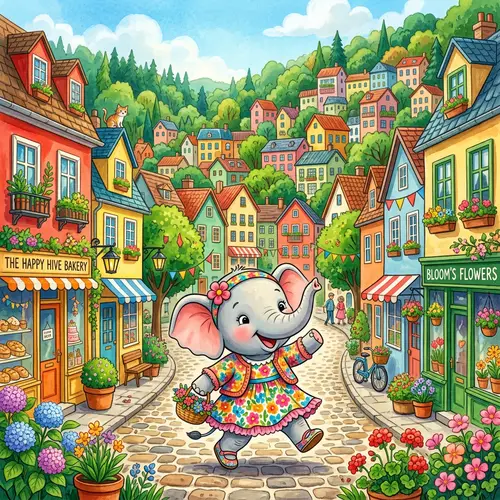 Colorful Small Town with Joyful Baby Elephant - Illustration