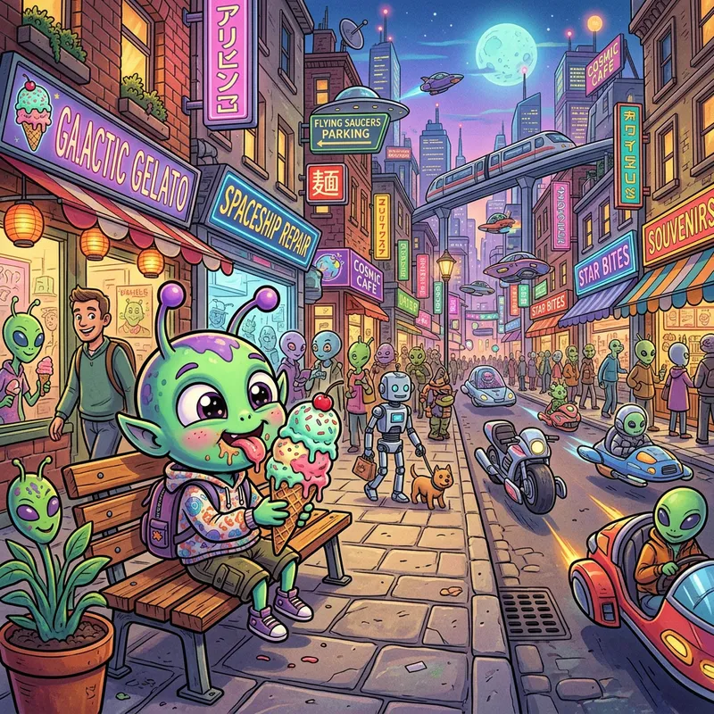 Charming Alien Eating Ice Cream on City Streets