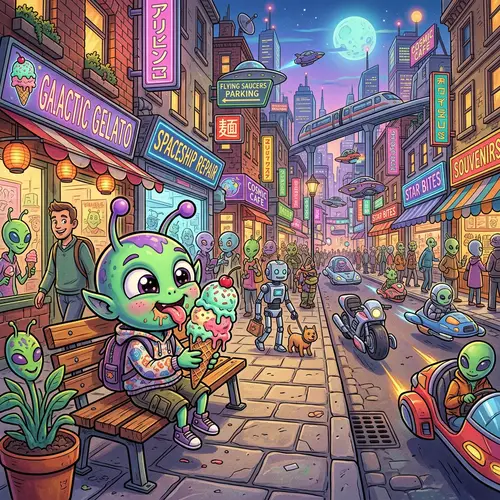 Cute Alien Enjoying Ice Cream in Vibrant City Scene
