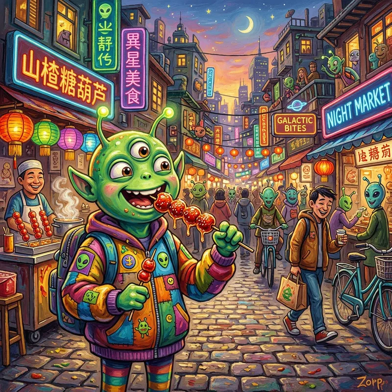 Adorable Alien Enjoying Candied Hawthorns in City Street Adorable Alien Enjoying Candied Hawthorns in City Street