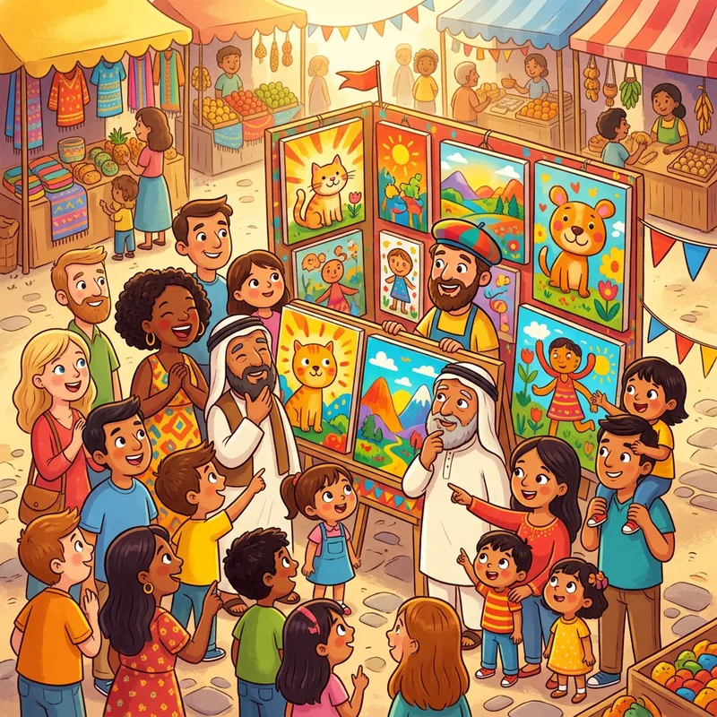 Children's Book Style Cartoon of People Enjoying Art Exhibition