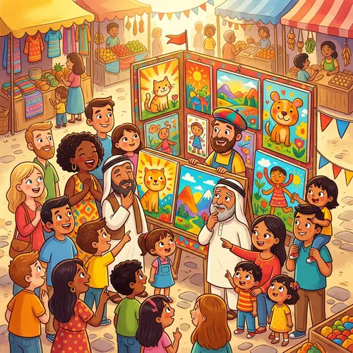 Vibrant Scene of Diverse Crowd Admiring Traveling Artist's Paintings