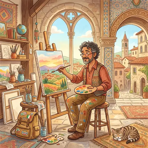 Principled Wanderlust-Filled Artist in Renaissance Art Studio