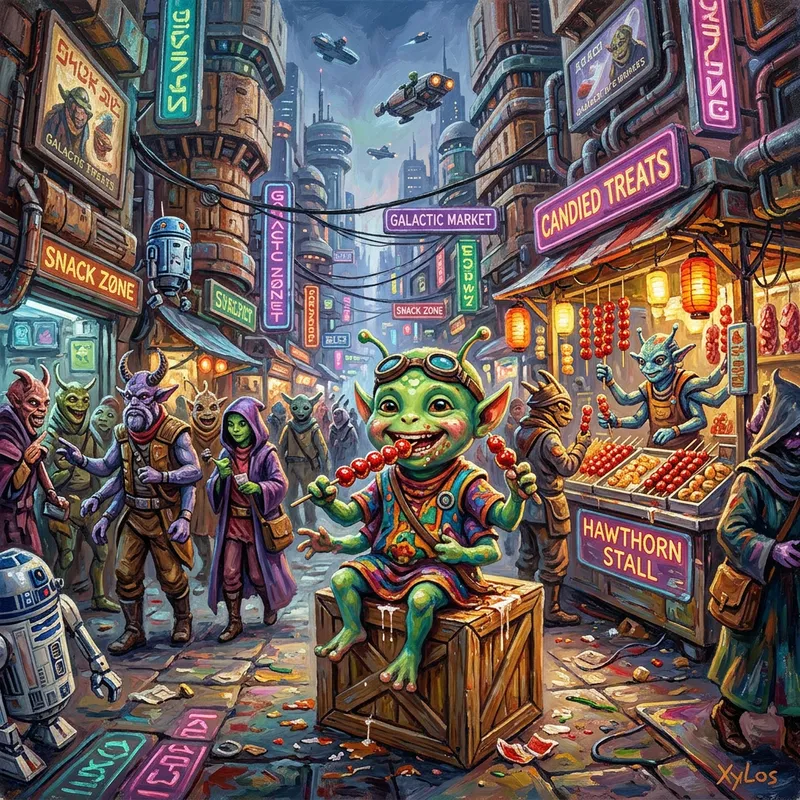 Extraterrestrial Enjoying Candied Hawthorns in Cityscape | Vibrant Sci-Fi Art
