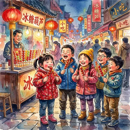 Joyful Children Enjoying Tanghulu: Documentary Watercolor Painting