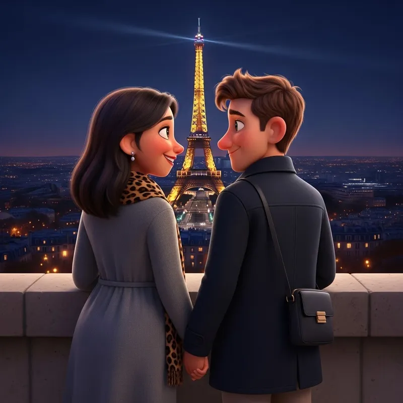 Pixar-Style Couple Illustration with Eiffel Tower