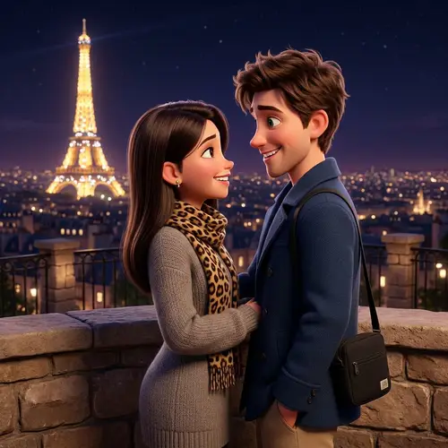 Pixar-Style Couple Illustration with Eiffel Tower