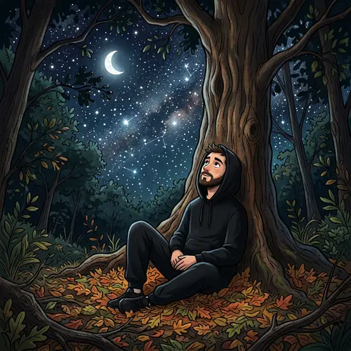 Caucasian Man Among the Stars in Black Sweatpants