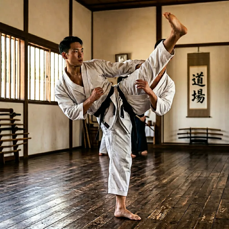 Bruce Lee Demonstrates Powerful High Kick in Traditional Dojo Setting