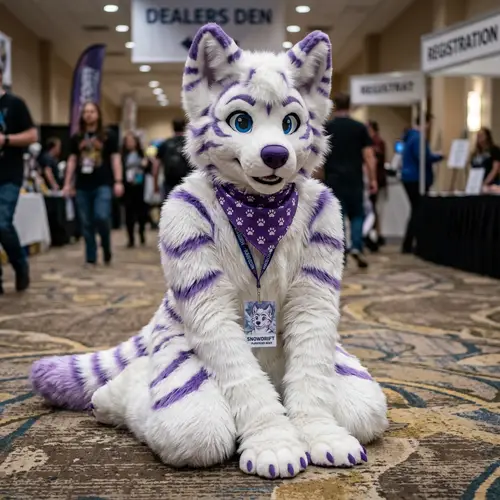 White Furry Femboy Avatar with Purple Stripes and Blue Eyes