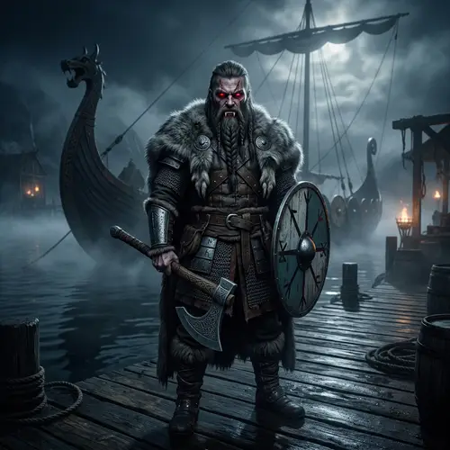 Scandinavian Viking Vampire in Armor on Foggy Dock