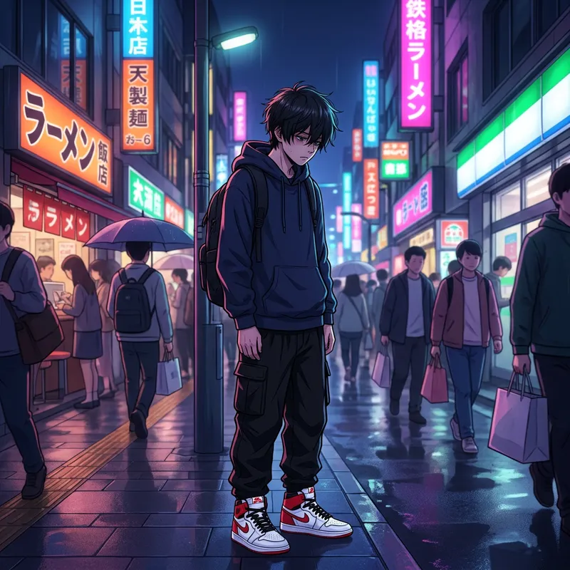 Lonely Boy in Night City with Nike Jordan Sneakers