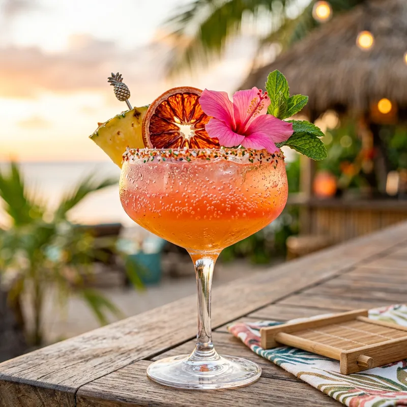 Tropical Mixology Art: Dreamy Cocktail with Garnish & Bubbles Tropical Mixology Art: Dreamy Cocktail with Garnish & Bubbles