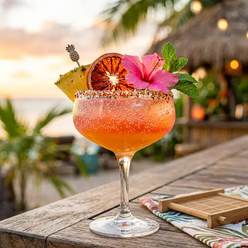 Tropical Mixology: Vibrant Cocktail Drink with Garnish and Bubbles